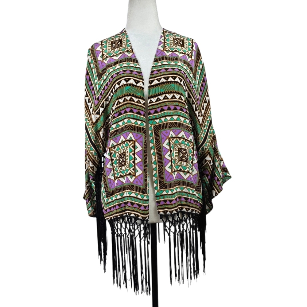 Alice & Trixie Silk Boho aztec print fringe open front cardigan